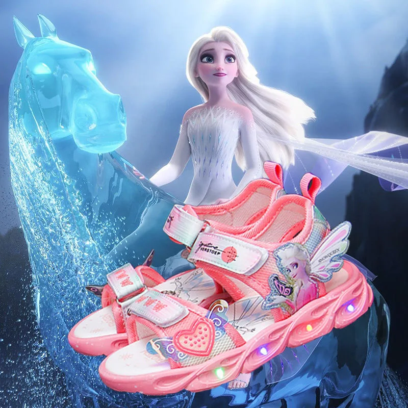 

Disney children's shoes summer elsa girls mesh toe sandals beach shoes fashion ins frozen princess soft bottom led light sandals