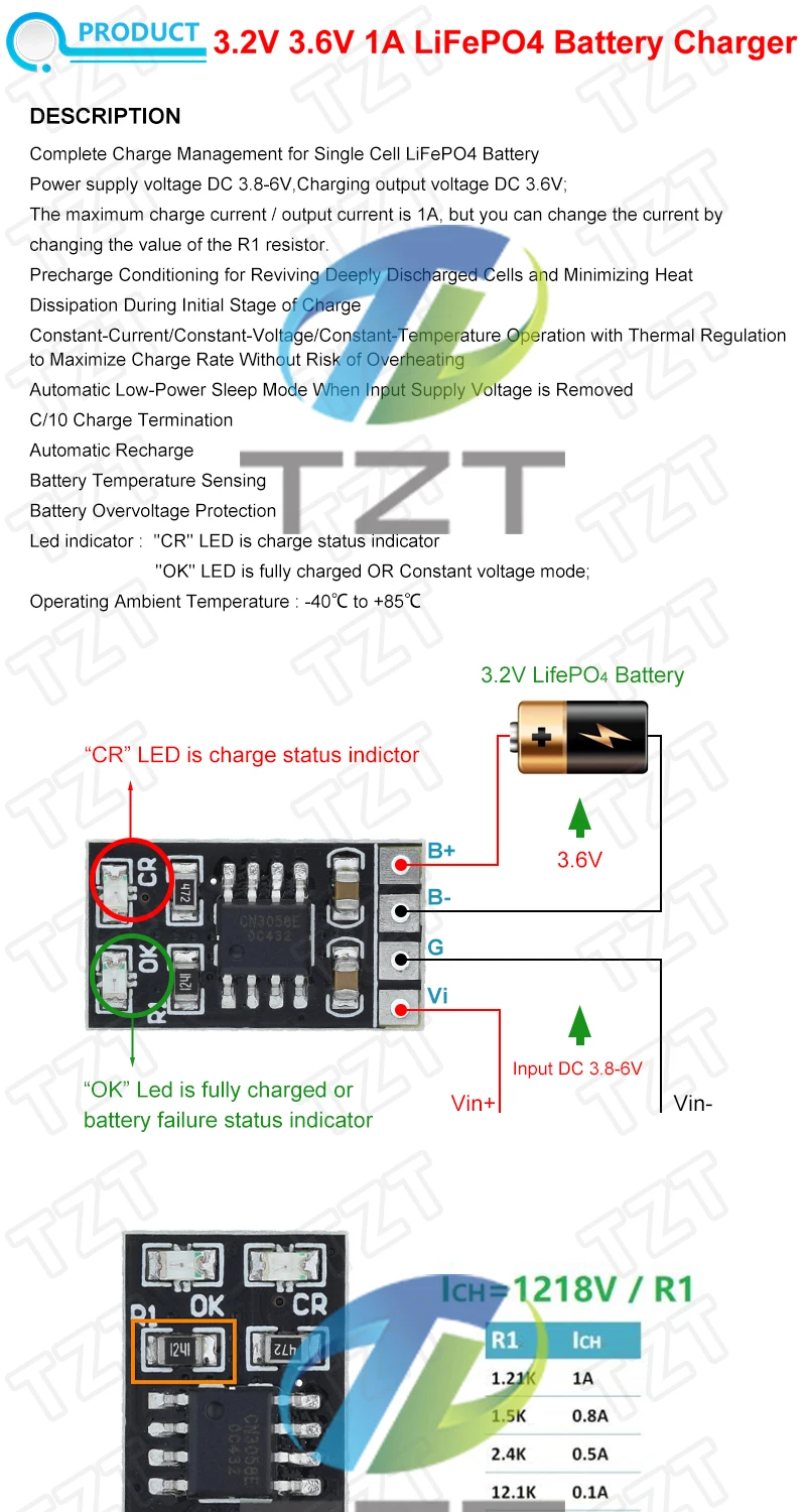 1/5/10 Stück spezielles 3,2-V-LiFePO4-Batterielademodul, 3,6 V, 1 A, CV/CC mit Überspannungsschutz, automatisches Aufladen bei geringem Stromverbrauch – Detail 1