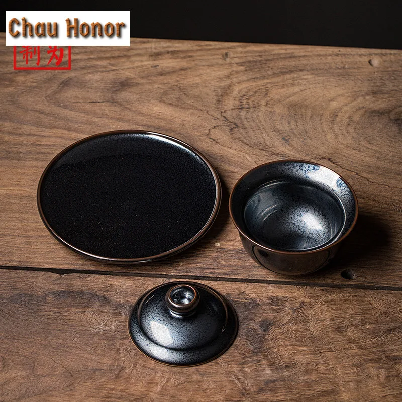 150ml High-end Tianmu Glazed Fire Dragon Iron Tire Ceramics Sancai Gaiwan Handmade Household Puer Kung Fu Tea Set Gift Packaging