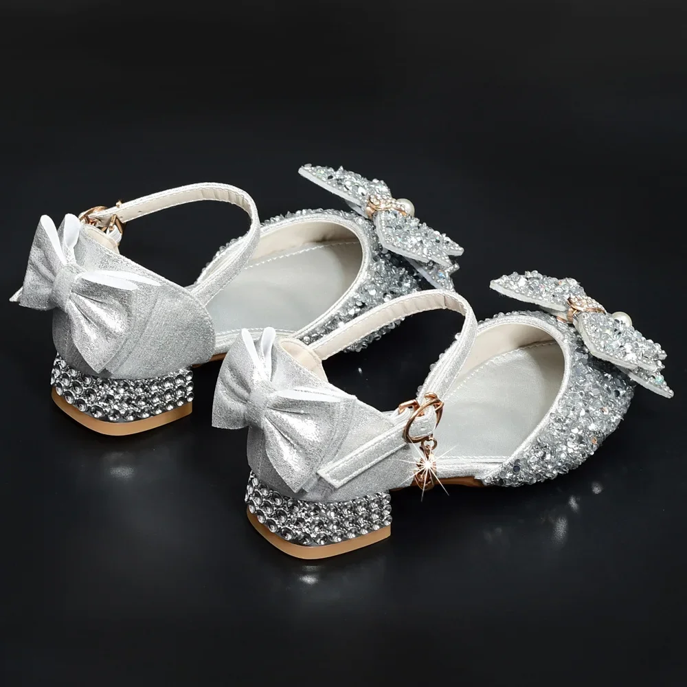 Children's High Heel Princess Shoes Silver Crystal Dance Shoes For Girls Summer Performance Hostess Shoes Kids Fashion Leather S 4