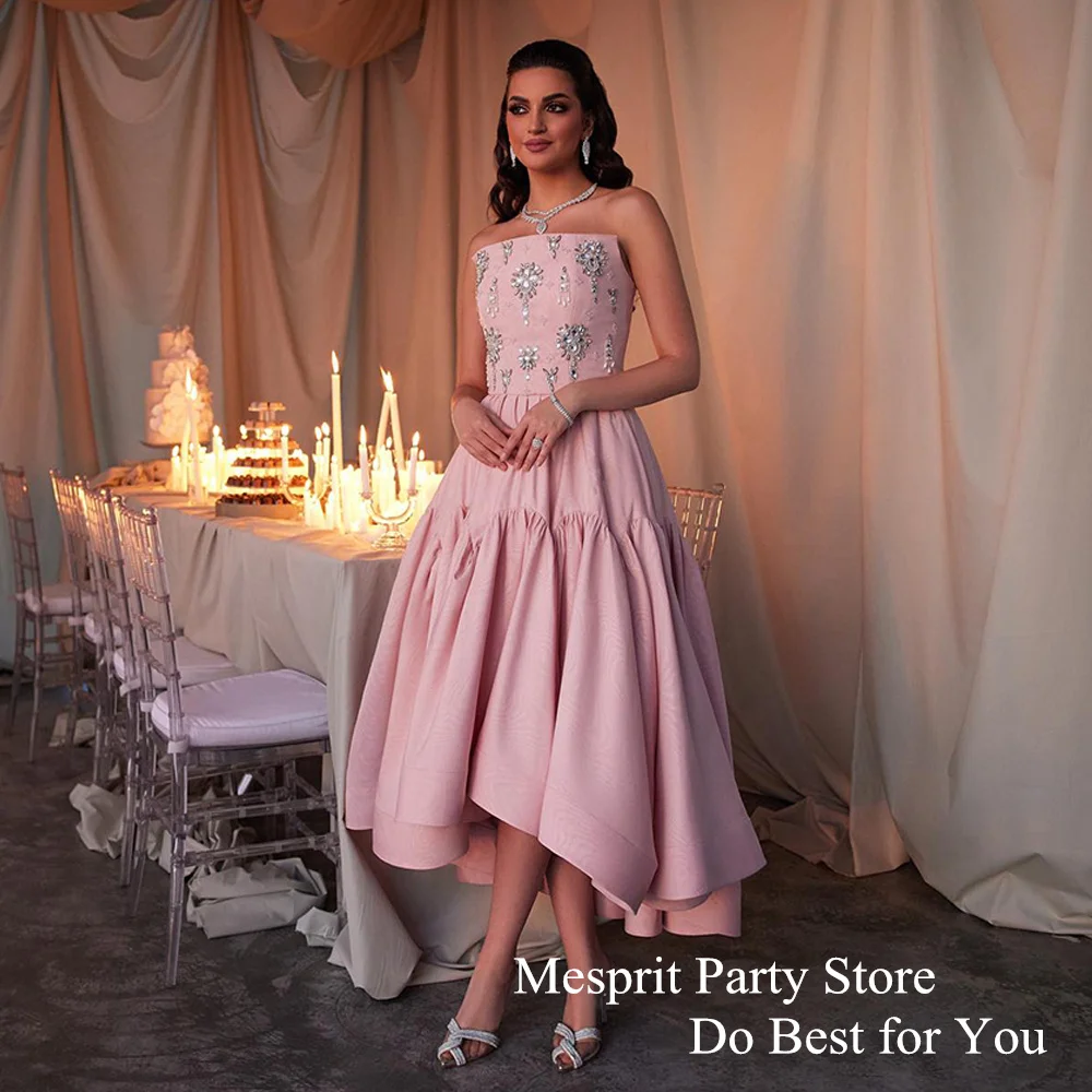 

Luxury Beads Evening Dress Strapless Sleeveless Rhinestones A Line Tea Length Pink Satin Cocktail Party Gown Prom Dresses