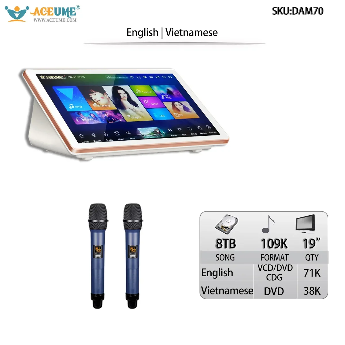 8TB HDD 109K English Vietnamese Songs 19" Desktop Touch Screen Karaoke Player