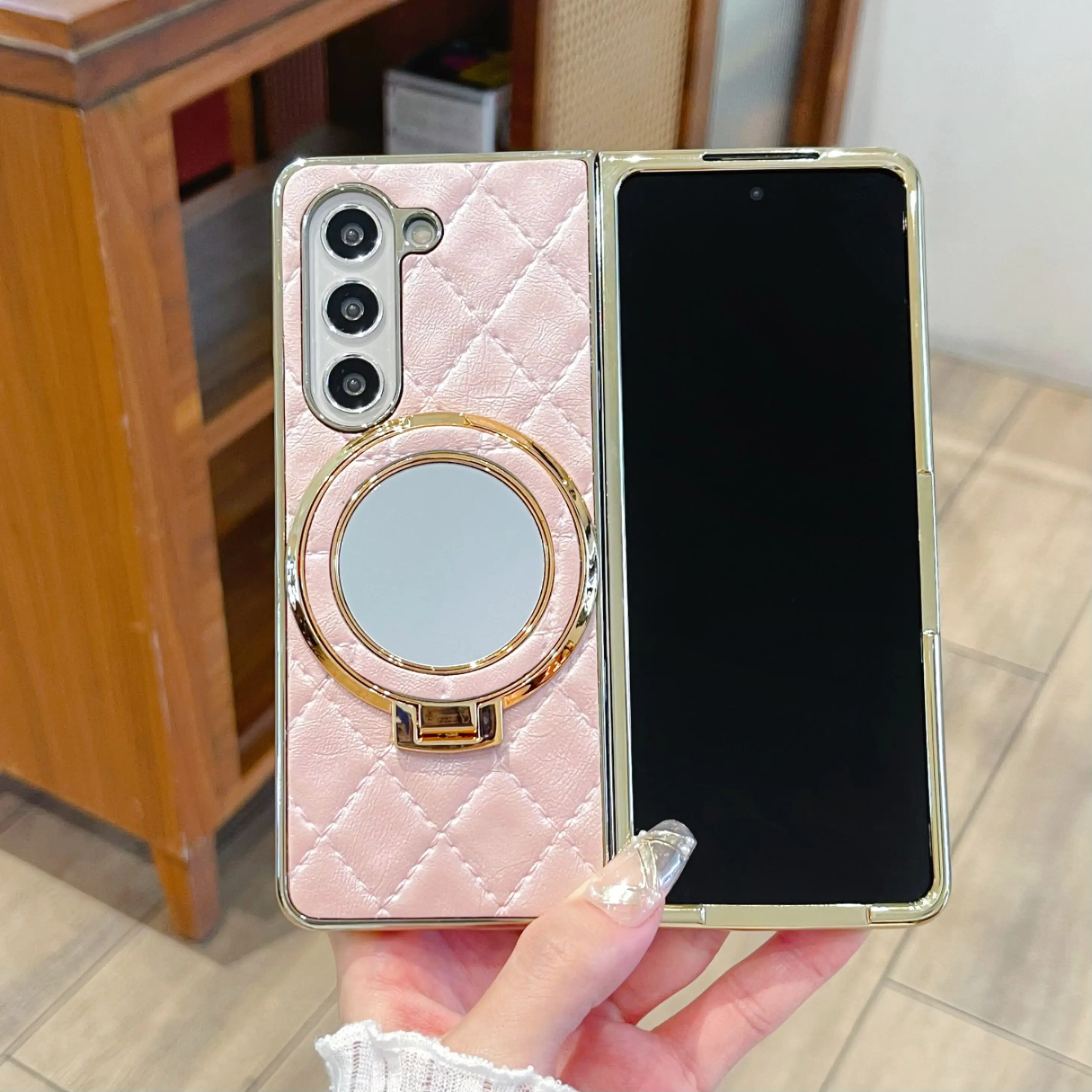 Luxury Leather Phone Case with Cosmetic Mirror Holder and Bracket
