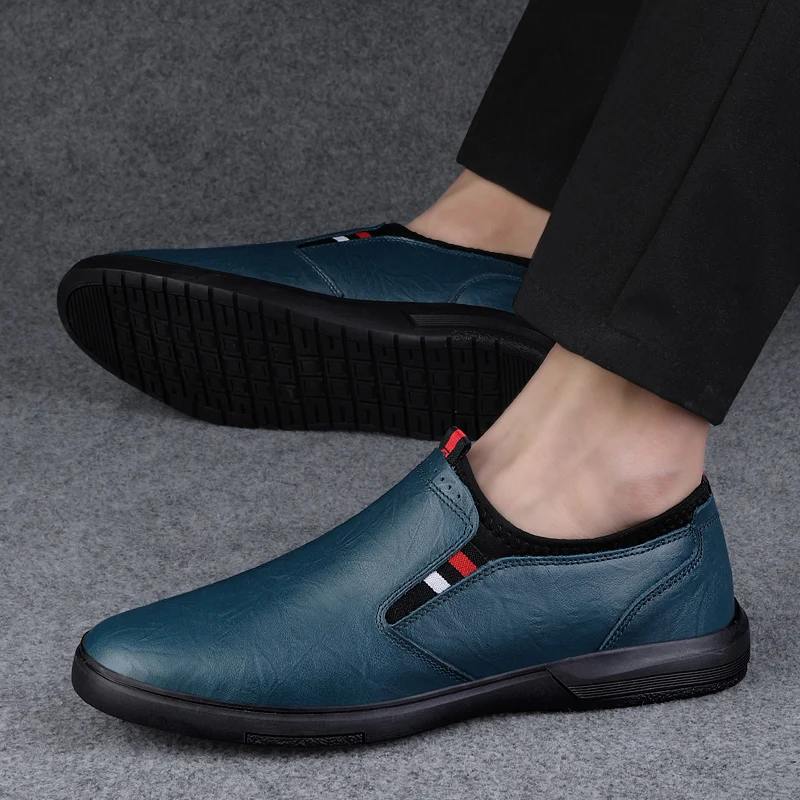 Blue Business Leather Shoes Casual Shoes for Men Slip-on Loafers Soft Italian Style Flats Super Light Moccasins Plus Size 37-46