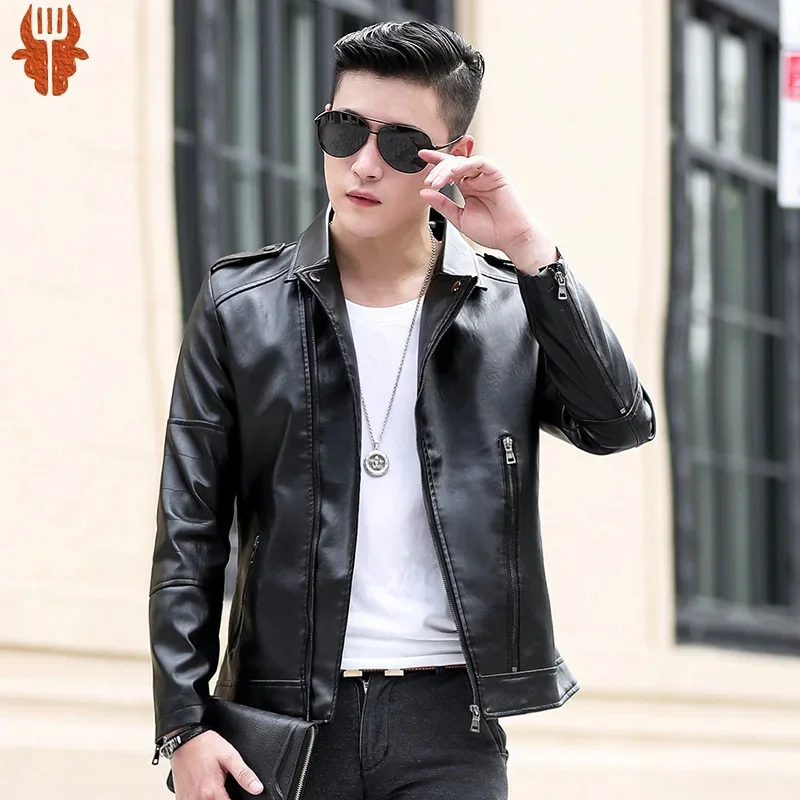 

New lapel men's short hansome casual Korean style trend Slim handsome youth leather jacket