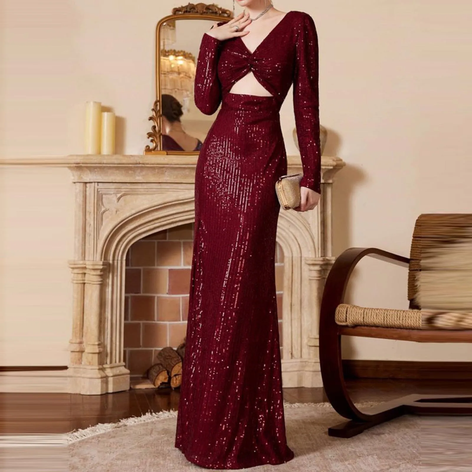 

Homecoming Dress 2023 Elegant Long Sleeve V Neck Hollow Out Side Slit Glitter Sparkly Sequin Red Dress Vintage Party Dress