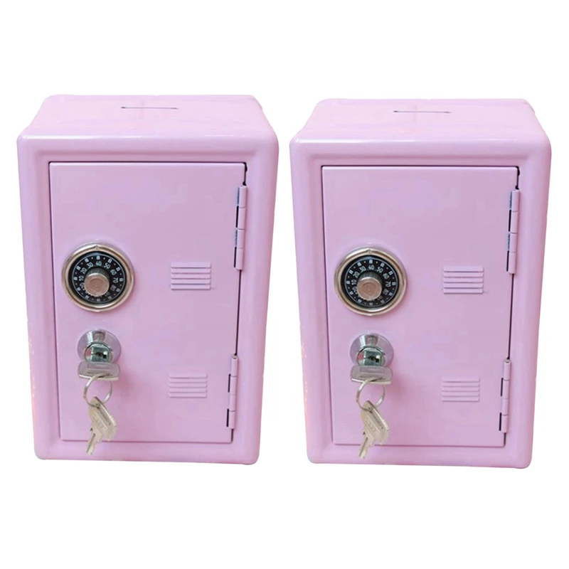 

2X Kids Money Banks, Money Box Gift Safe Case Password With Key Metal Money Box Storage Bedroom Locker Home Ornament