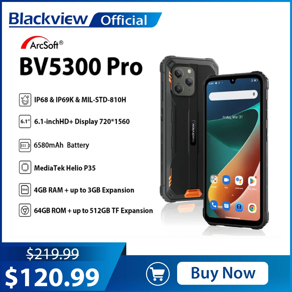 

Blackview BV5300 Pro IP68 Waterproof Rugged Smartphone Android12 Phone P35 4GB 64GB Mobile Phone 13MP Camare 6580mAh Cellphone