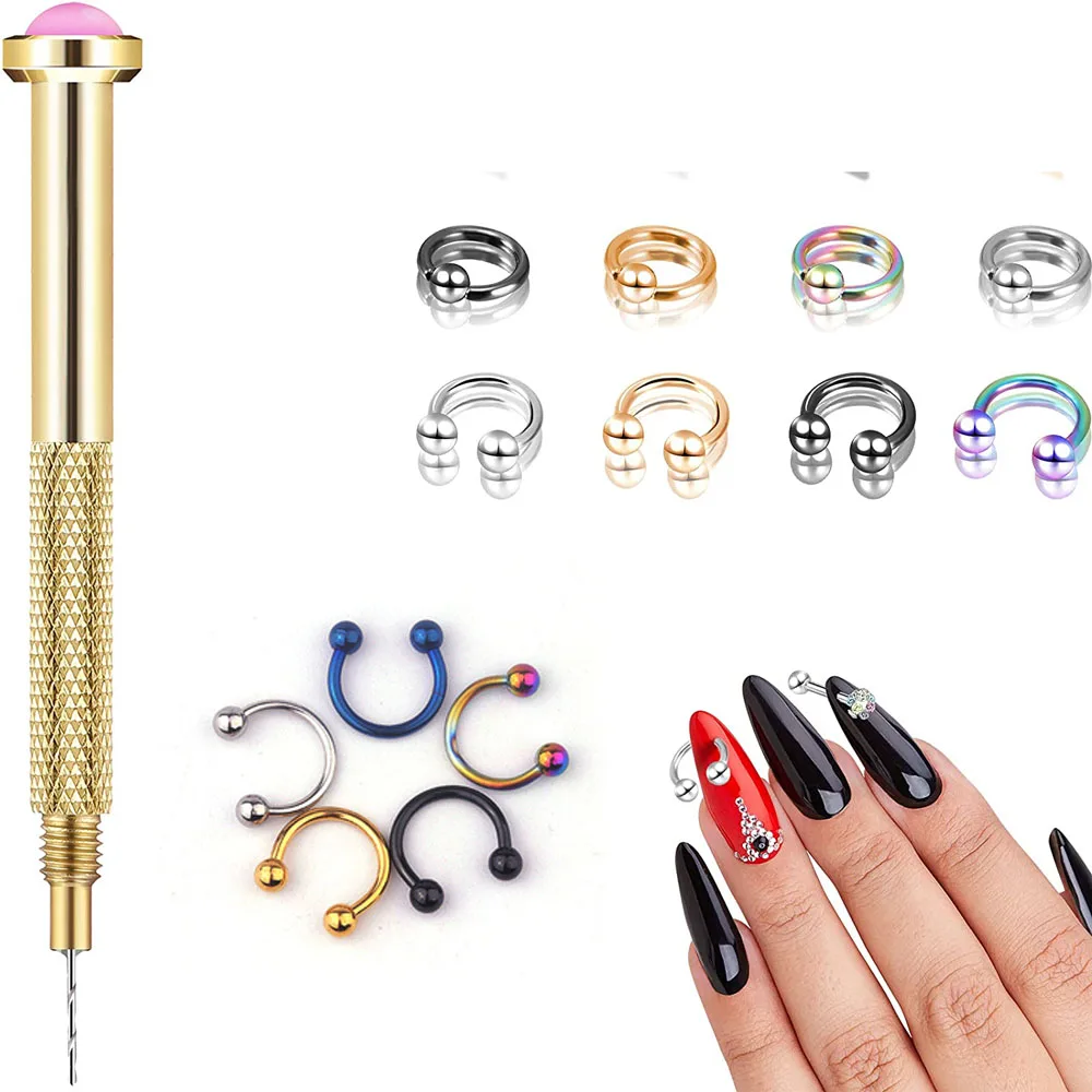 61 Pieces Dangle Nail Piercing Charms Set, Nail Art Piercing Tool Hand  Drill and Beaded Rings Jewelry Rings for Tips, Acrylic, Gels and  Decorations