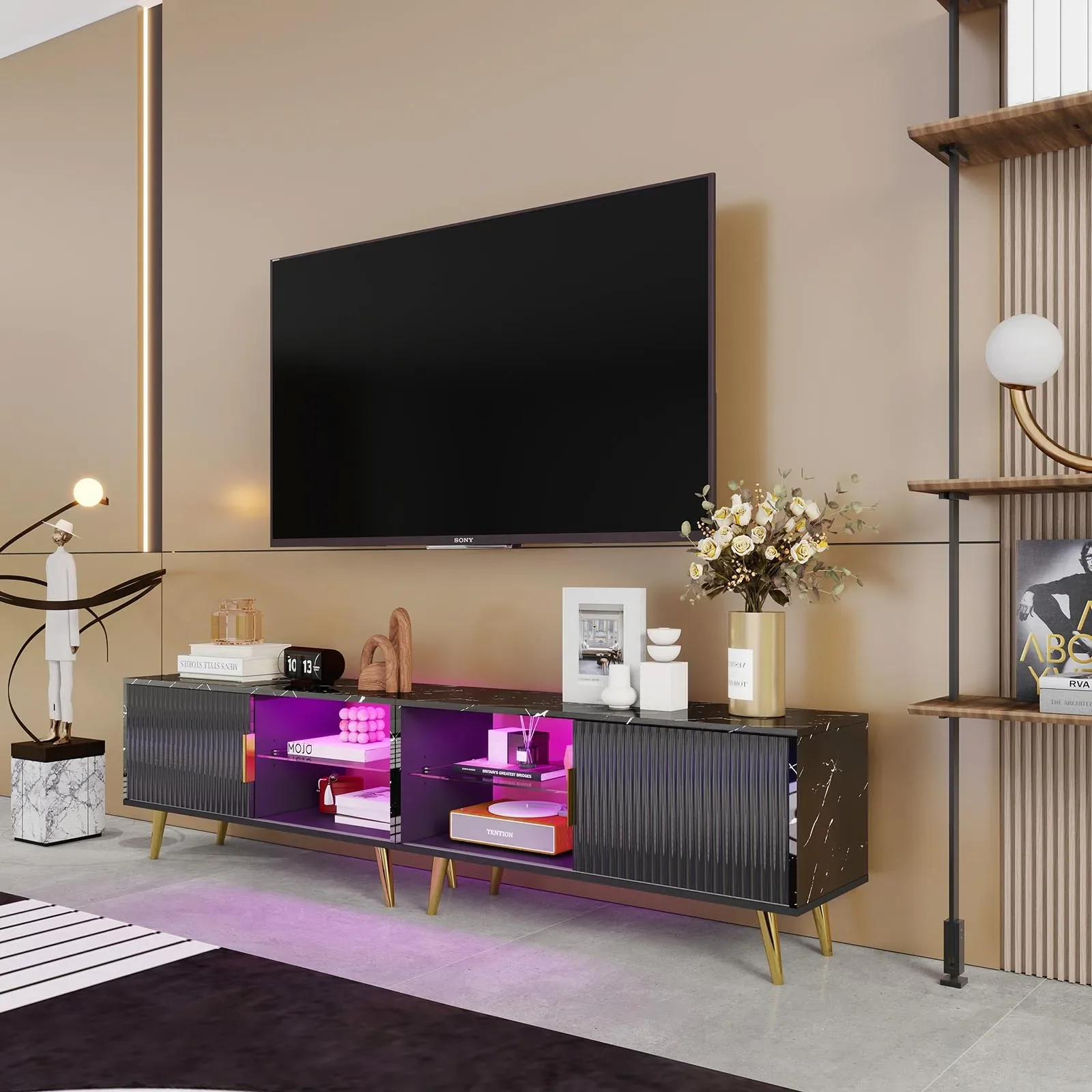 Wooden TV Cabinet with LED Lights and Doors for Living Room