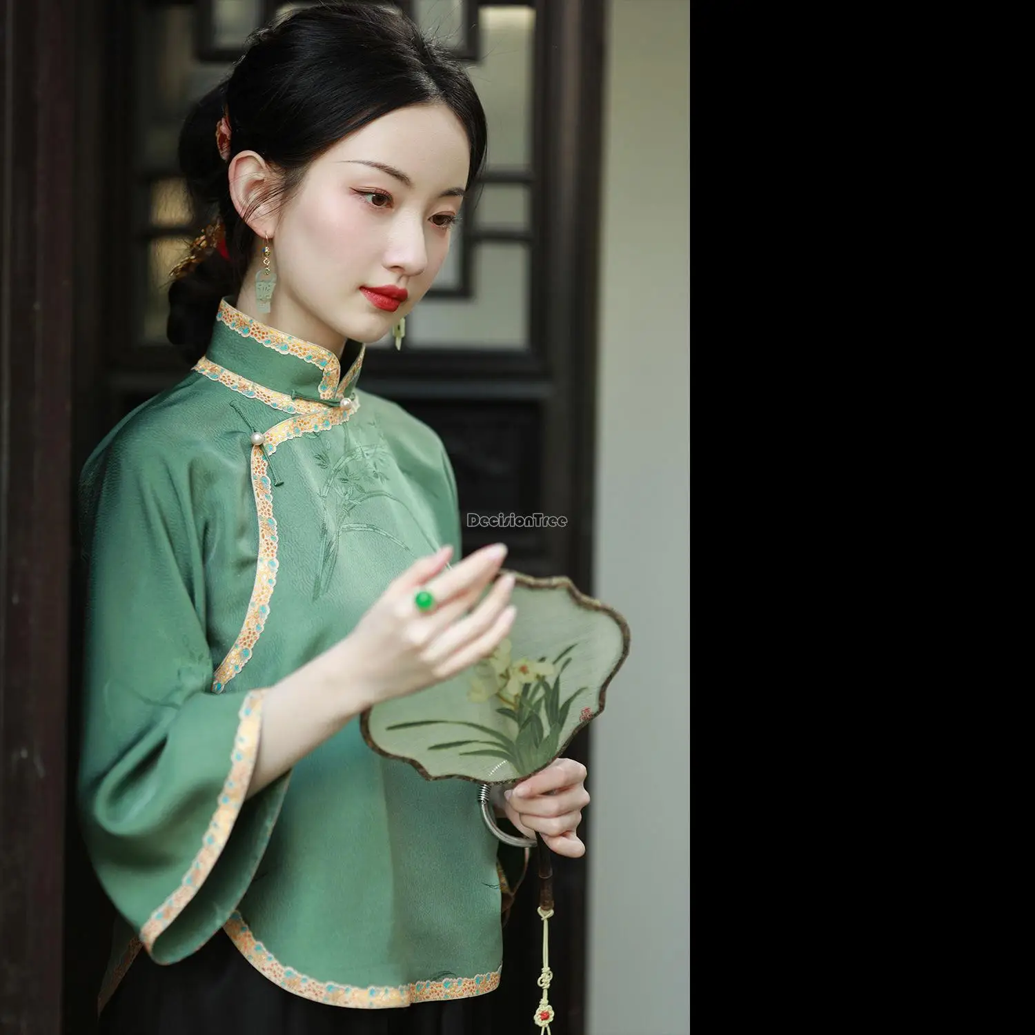 

2023 summer new vintage republic of china style green women standing collar qipao collar chinese short top hanfu qipao shirt