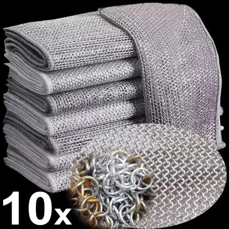 

20cm Steel Wire Dishcloths Double -layer Non -stick Oil Iron Dishrag Kitchen Pan Pot Dishes Cleaning Rag Napery Dishcloth Rags