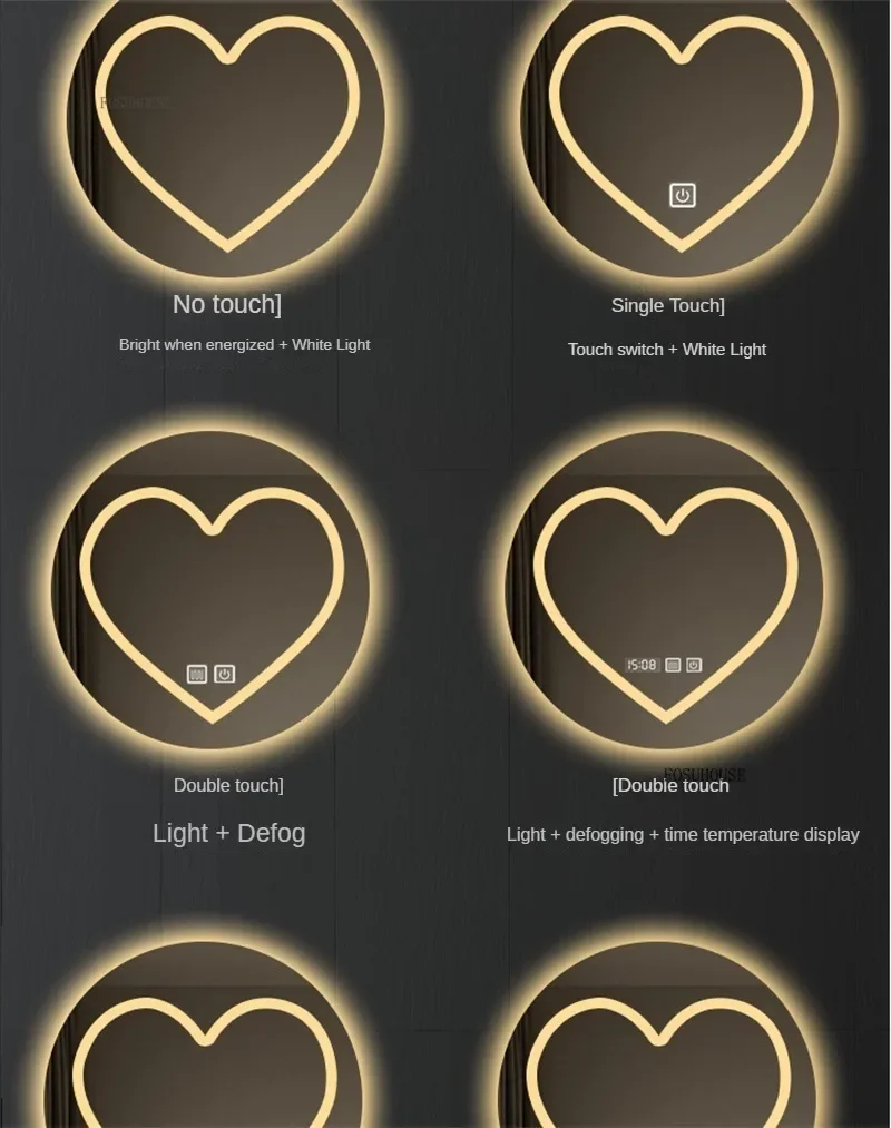 Description Picture 6 of itemLed Touch Screen Smart Bath Mirrors Toilet Dressing Table Wall Mounted Mirrors Love Shape Round Anti-fog Mirror with Light A