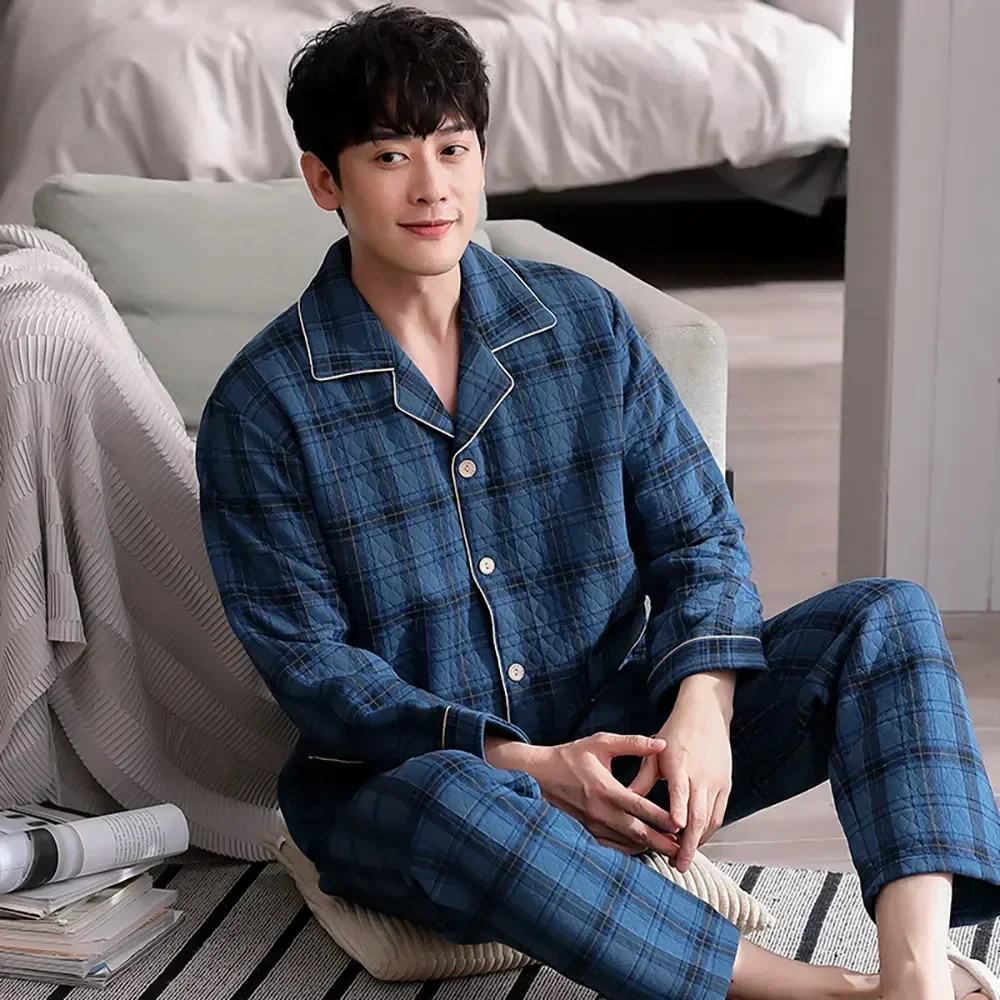 

Hombre Comfortable Quilted Pijama Buttons Pyjama Thicken Pajamas Homme Set Warm Autumn Plaid for Men Male Cotton Soft Winter Air