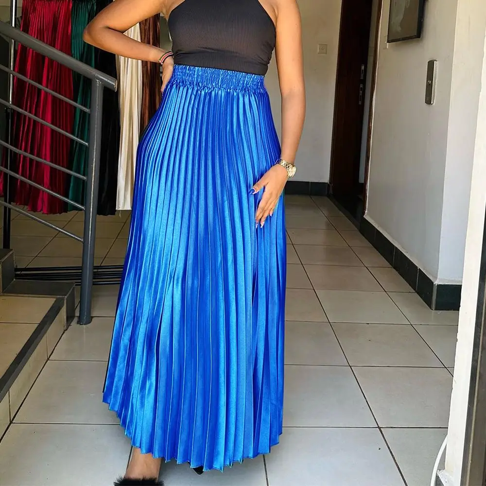 

Summer Spring Pleated Glossy Satin Silk Sexy Women High Waist Yoga Long Skirt Loose Bottoms