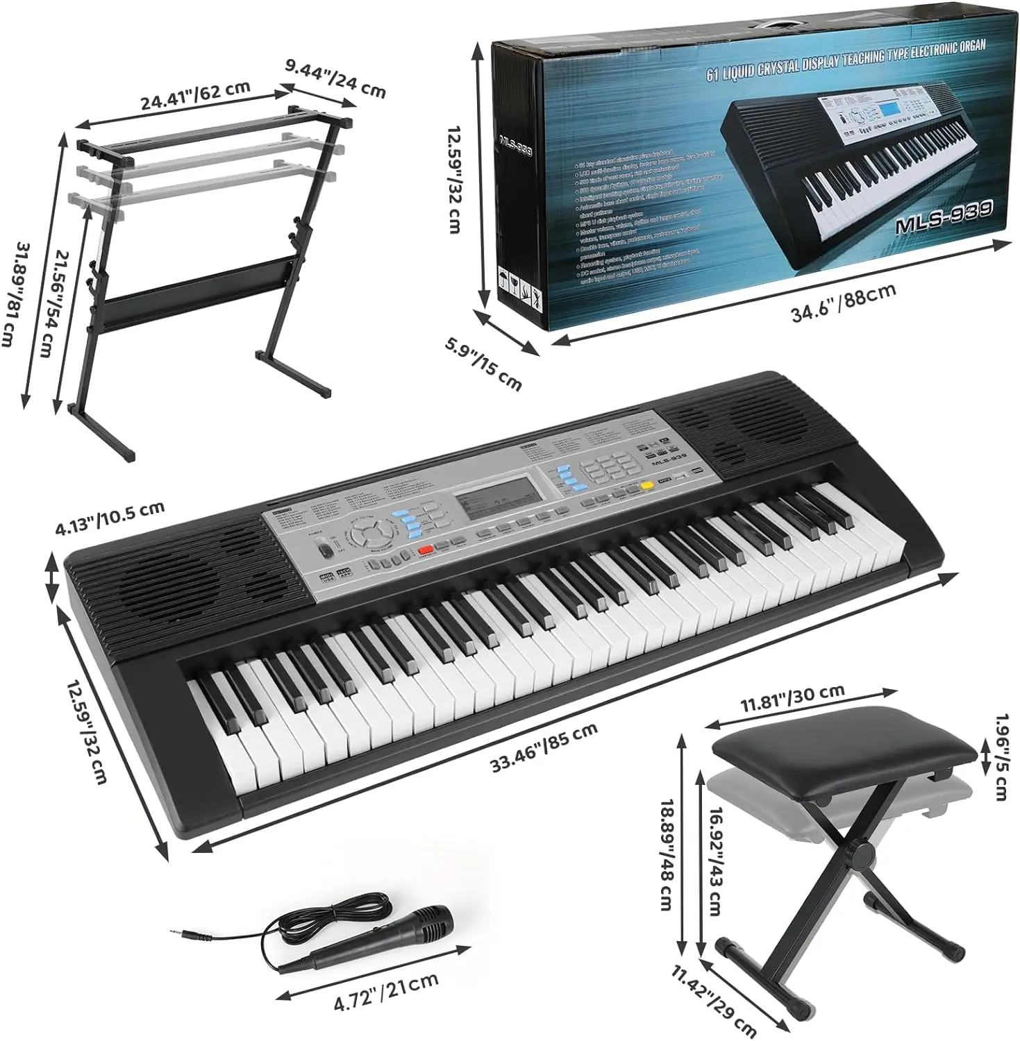 61 Key Keyboard Piano Digital Piano Keyboard Set for Kids with Microphone Dual Power Supply Built-in Dual Speakers LCD Screen