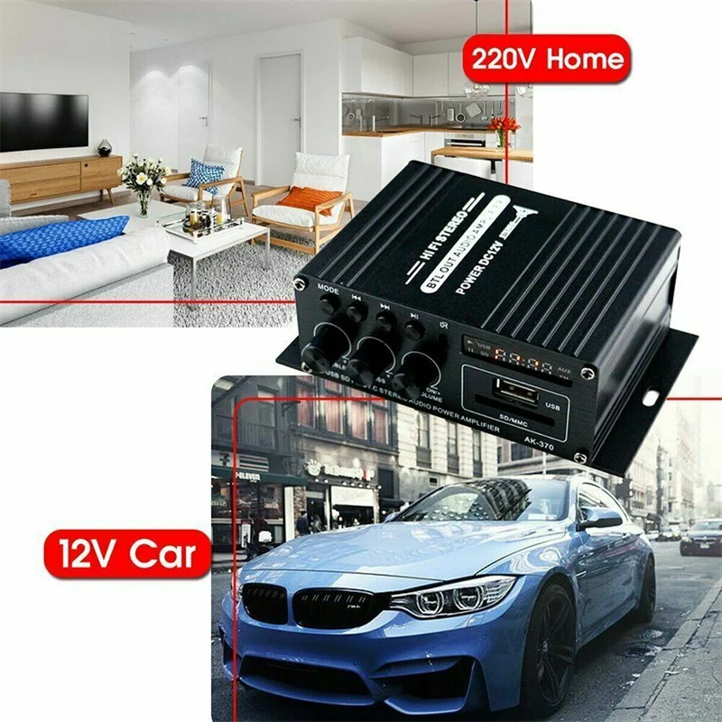 AK 370 HIFI Digital Stereo Audio Power Amplifier 2 Channel 400W 12V FM Radio Mic Car Mini Sound Amplificador Board Home Theater