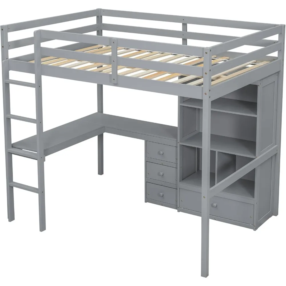 Twin Loft Bed. Full Loft Bed with Desk and Storage, Solid Wood Loft Bed with 4 Storage Drawers & 3 Shelves, High  Bed Full 6