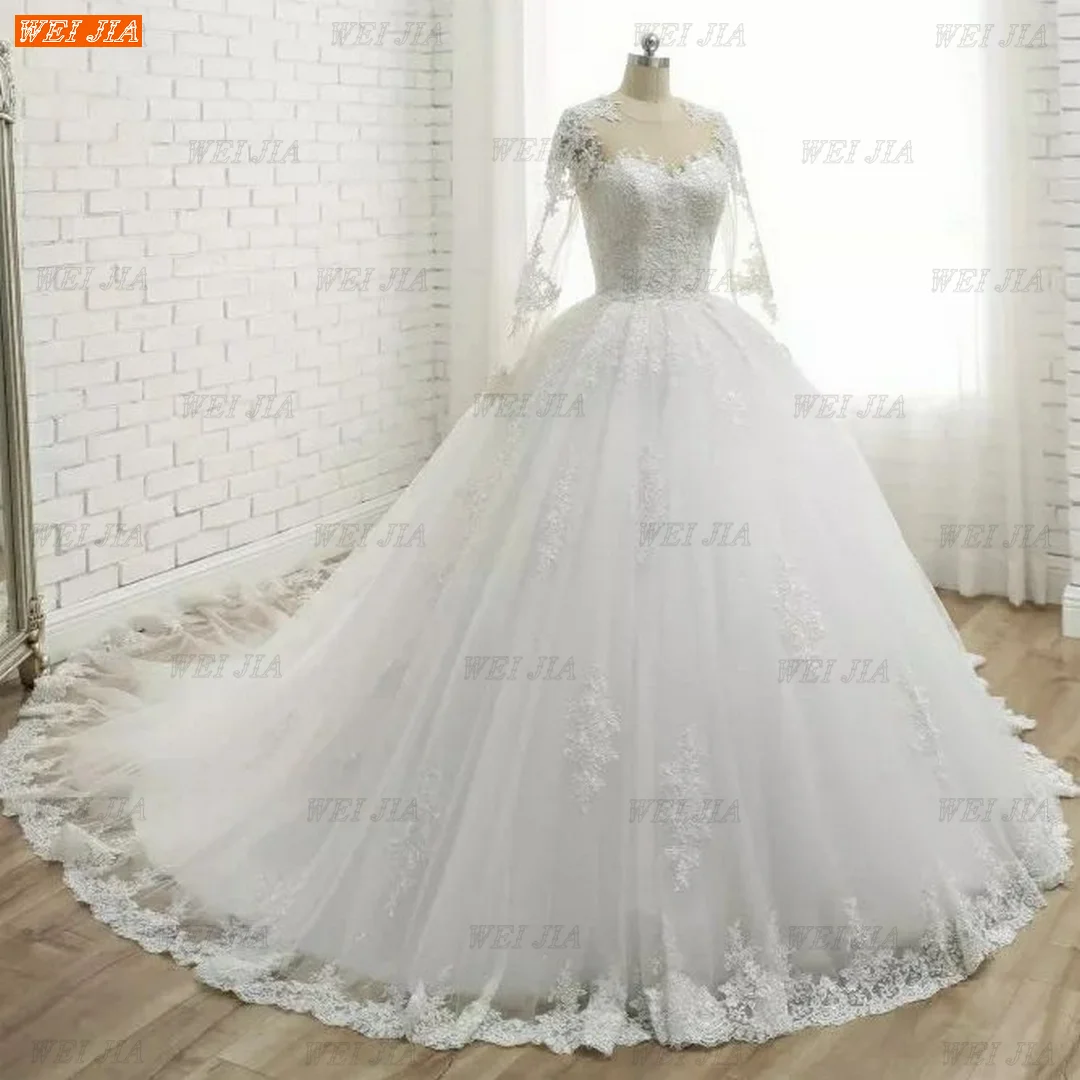 Luxury Ball Gown Wedding Dress For Women 2022 White Vestido De Novia O Neck Appliqued Lady Bridal Dresses Long Sleeves Trouwjurk bridal shower dress