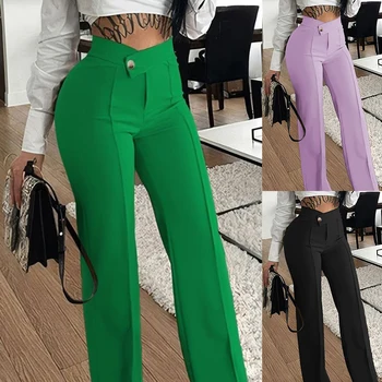 Fashion Slim Straight-leg Pants With Buckle Elegant Solid Color Trousers For Women's Clothing 1