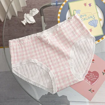 Mutandine da donna Slip in cotone Nuove mutande morbide e traspiranti Intimo femminile a vita media per ragazze Strisce con fiocco Lingerie aderente carina