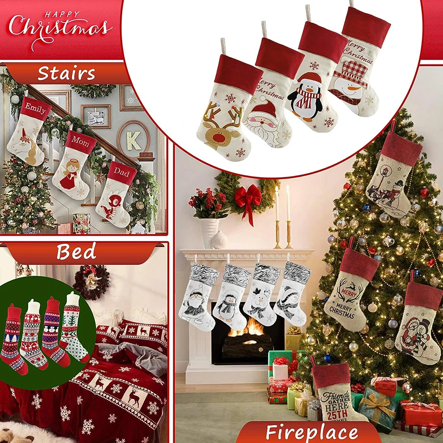 4 Pcs 46cm Knitted Christmas Socks Gift Candy Bag Elk Santa Claus Pattern Red Socks Hanging Decoration New Year Children's Gift