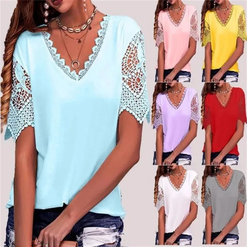

Y2K Women T-Shirt S-5Xl Summer Fashion Clothes Lace V-Neck Short Sleeve Shirts Casual Loose Tee Shirt Ladies Tops