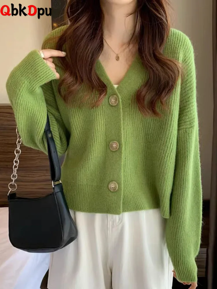 

Single Breasted V-neck Knitted Sweater Jackets Women Korean Cropped Casual Cardigan Coats Spring Fall Knitwear Tops Abrigos New