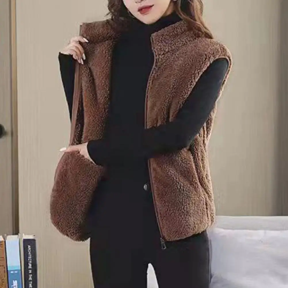 

Women Vest Coat Women's Sleeveless Plush Vest with Stand Collar Zipper Closure Warm Winter Waistcoat with Neck Protection