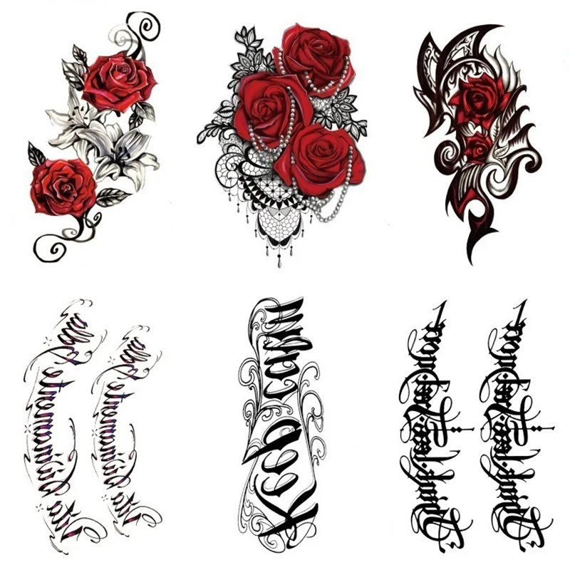 

Flowers Letter Temporary Tattoos Stickers Roses Multi-Colored Mixed Style Body Art Temporary Tattoo Sticker for Women Girls Men
