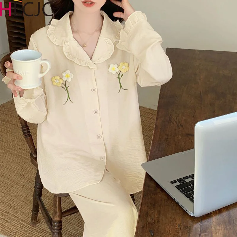 

Новинка, осень 2023, Хлопковая женская пижама в сельском стиле, женские брюки с длинным рукавом, мягкий домашний комплект, одежда для сна с лацканами, повседневная одежда для отдыха, 2 шт.