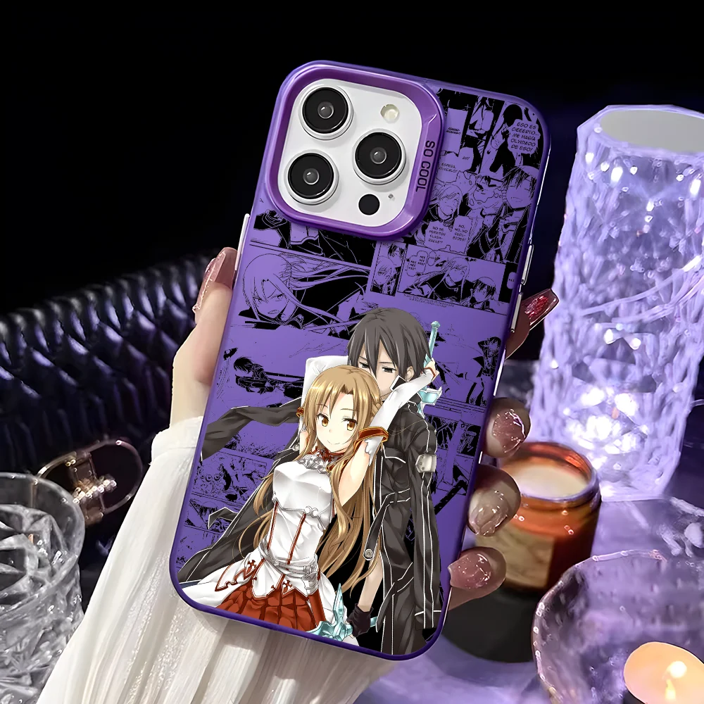 Anime-Inspired Asuna x Kirito Laser Metallic Aurora Phone Case - Black & Purple Matte Finish