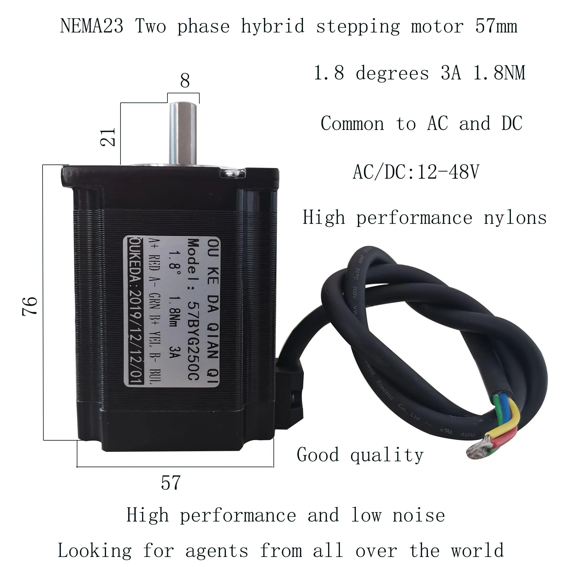 57 스테퍼 모터, 57BYG250C, 샤프트 직경 8mm, 1.8NM, 2 상 4 선, 고품질