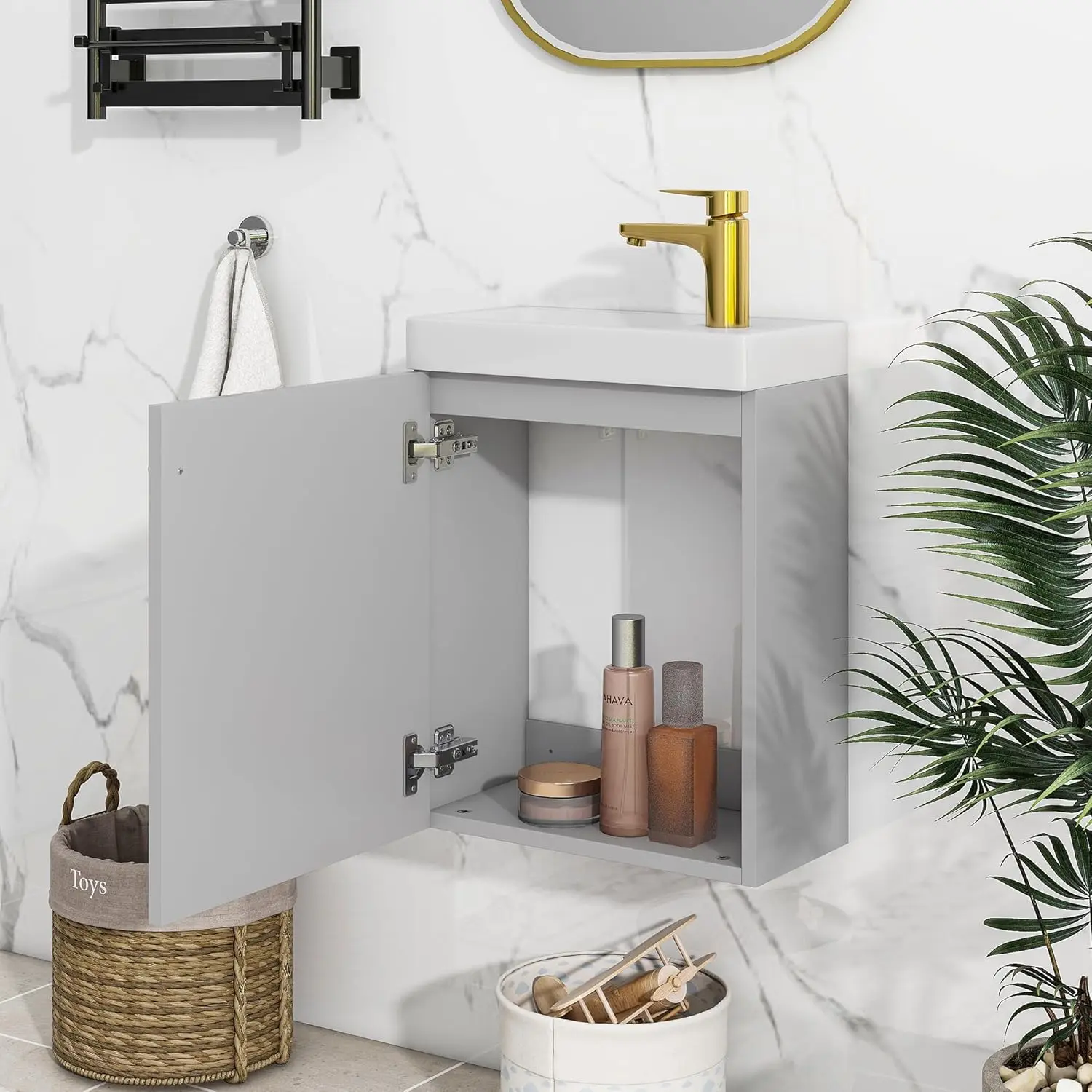 Modern Combo Bathroom Vanity with Ceramic Basin 16" Bathroom Vanity Sink for Small Space, Wall Mounted Cabinet Set 3