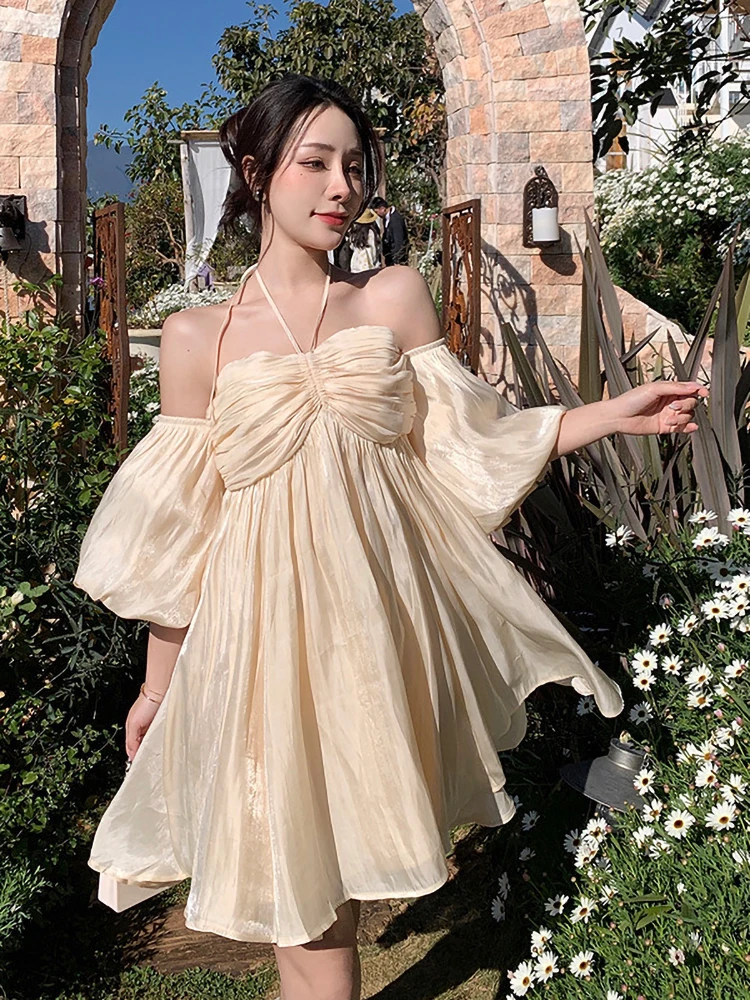 

2023 Summer Fairy Beach Short Party Dress Women Casual Strap Y2k Mini Dress Female Elegant One Piece Dress Korean Vintage Chic