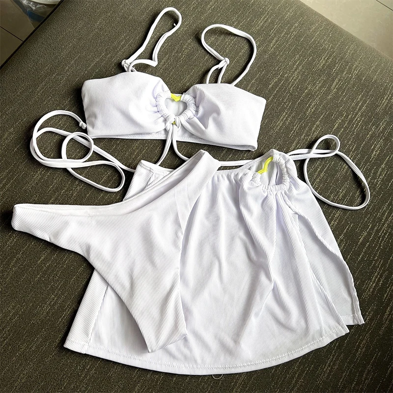 2023 New Sexy Three Pieces Bikini Set Ribbed Swimwear Women Swimsuit Female Bikini and Beach Skirt Bathing Suit Beachwear Bather