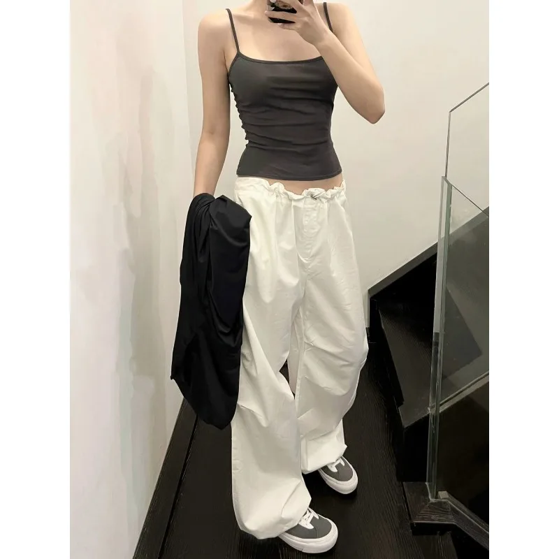 Deeptown White Basic Women Casual Pants Elastic Waist Baggy Sweatpants Korean Style Streetwear Summer Oversized Trousers Hippie