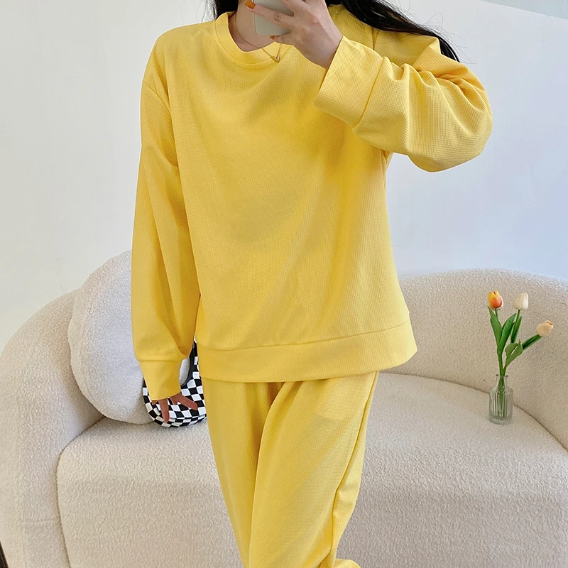 Spring and autumn pajamas women's loose and casual round neck can wear solid color plaid knitted cotton home clothes 2-piece set