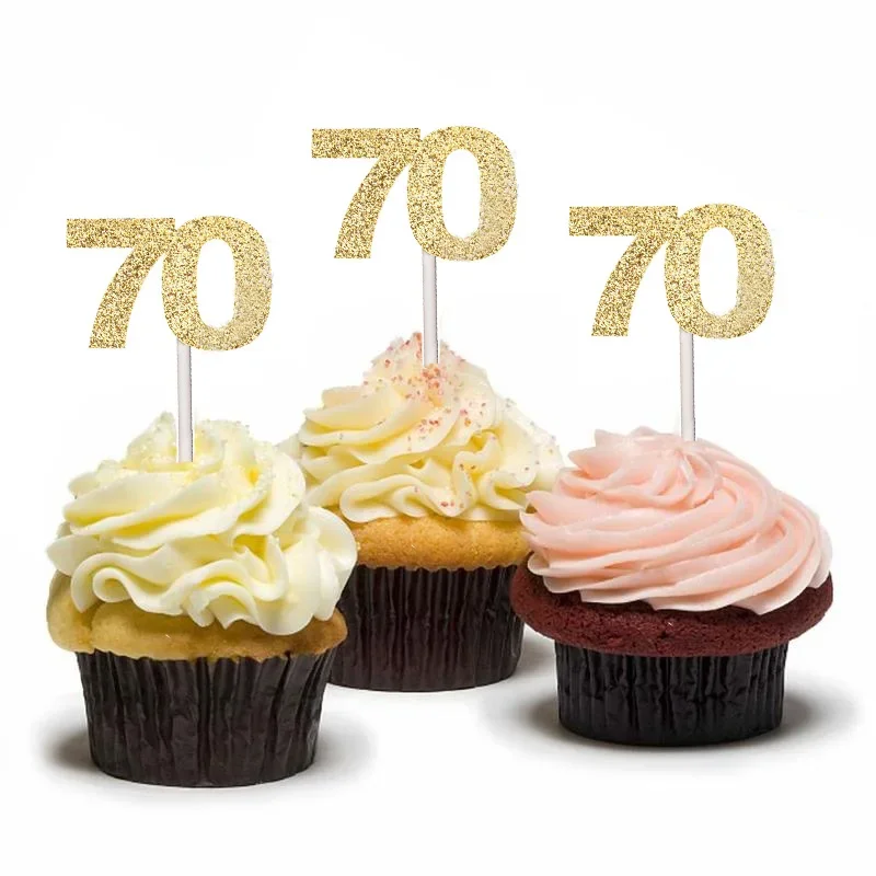 Cupcake Toppers 12Pcs Gold Glitter Number 30 40 50 60 70 For 30th 40th 50th 60th 70th Birthday Anniversary Party Cake Decoration