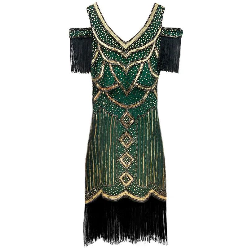 1920s Gatsby Ball Heavy Industry Embroidery Beading Retro Sequin Skirt Banquet Dress Cocktail Party V Dress