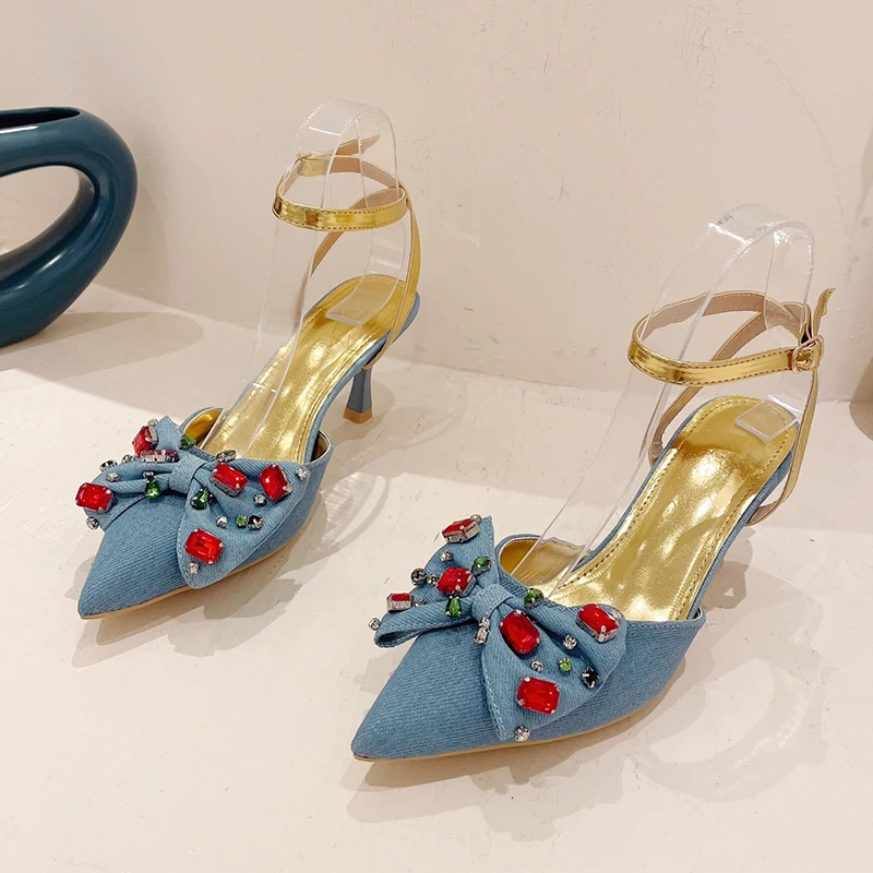 

Sexy Denim Gems Blue Sandals For Women Party Nightclub Stripper Stiletto Heels High Quality Crystal Diamond Pointed Wedding Shoe