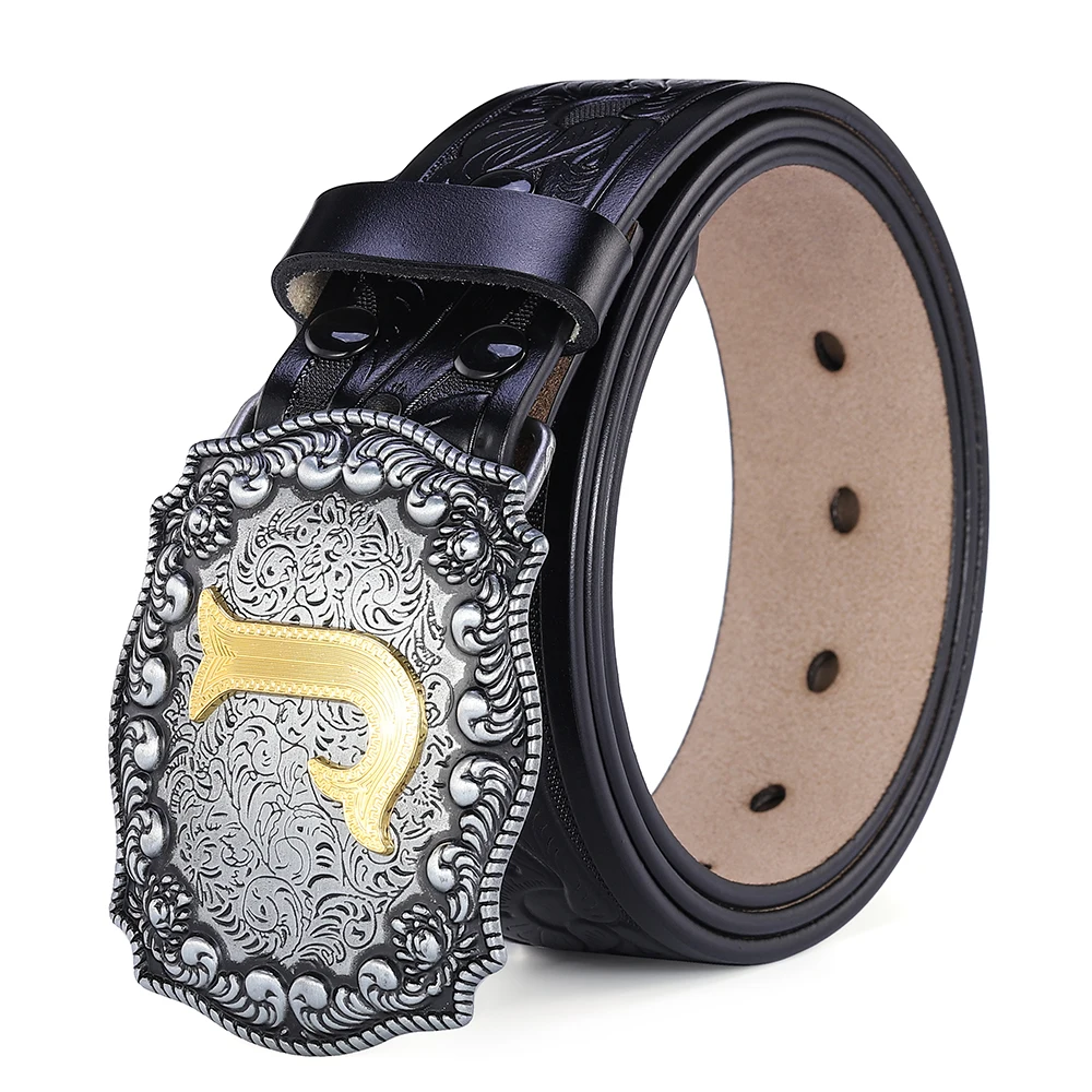 Western Belt Men Genuine Leather Belts for Men Women Cowboy Cowgirl Big Letters Buckle Gold Male Belts Long Black Brown Quality
