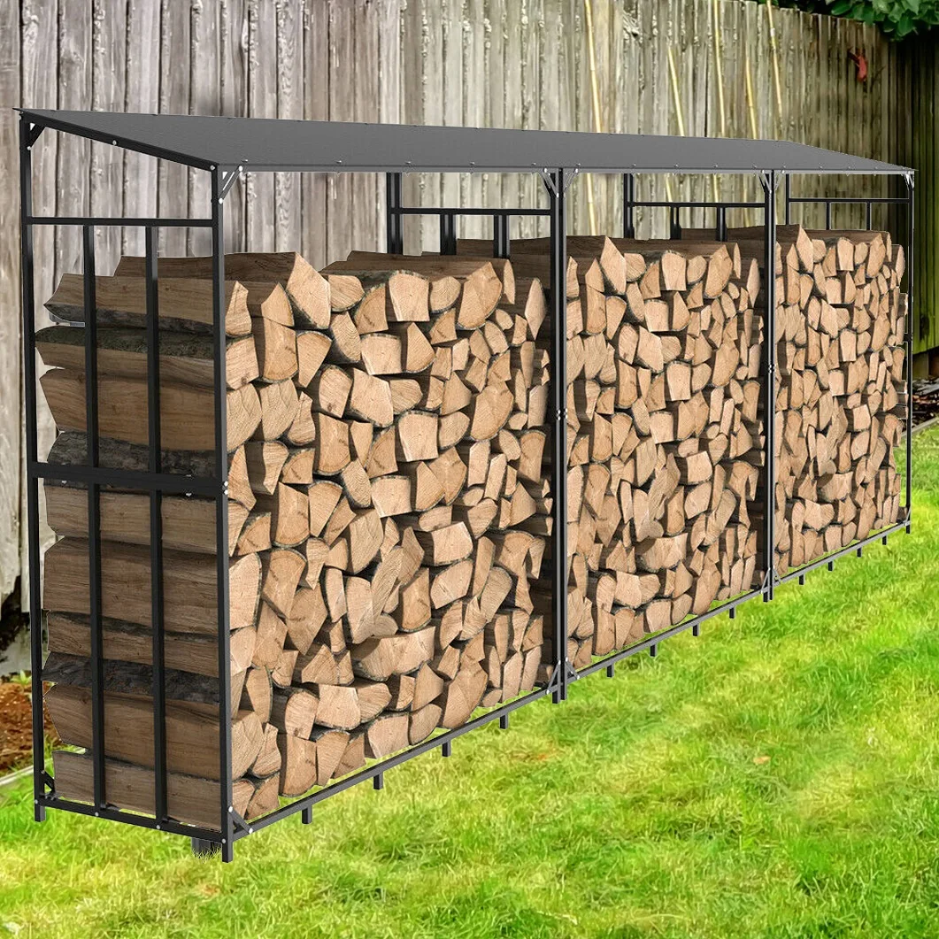 Heavy duty tall metal firewood rack stand with top cover fireplace wood