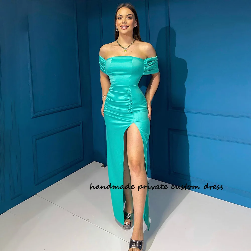 

Green Mermaid Off Shoulder Prom Party Dresses Sexy Side Split Pleats Satin Celebrate Dress Floor Length Evening Party Gowns
