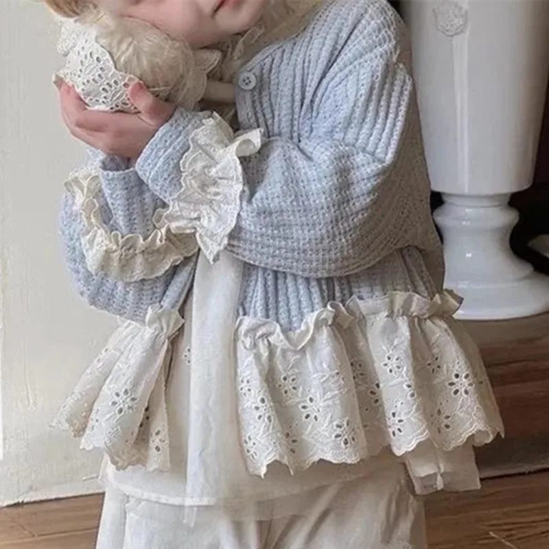 아동 의류 소녀 겉옷 봄 여름 얇은 레이스 니트 가디건 소녀를위한 어린이 긴 소매 탑 패치 워크 자켓