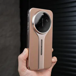 Electroplated PC Frame Leather Pattern Phone Case with Simple Bumper Design for Xiaomi 14 Ultra (Light brown)