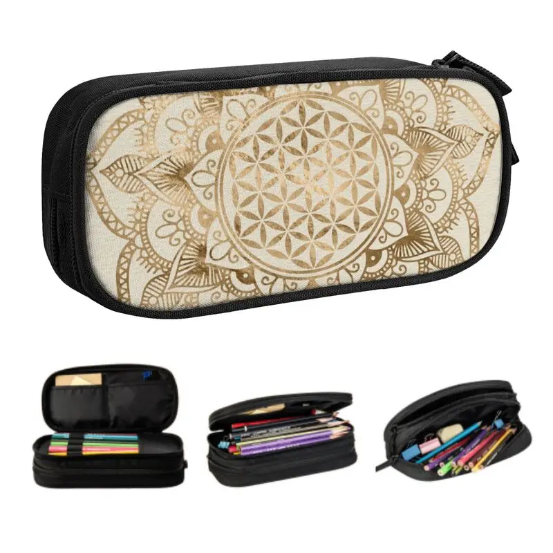 

Mandala Flower Of Life In Lotus Kawaii Pencil Cases Boys Gilrs Large Capacity Sacred Geometry Pencil Box Students Stationery