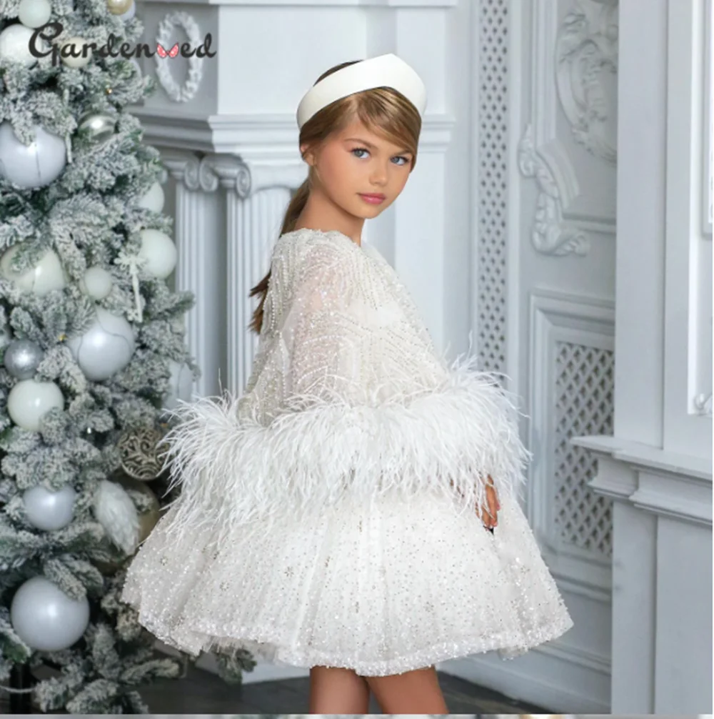 

Puffy Feather 3D Butterflies Flower Girl Dresses Wedding Kids Party Birthday Ball Gown First Kids Communion Pageant Clothes