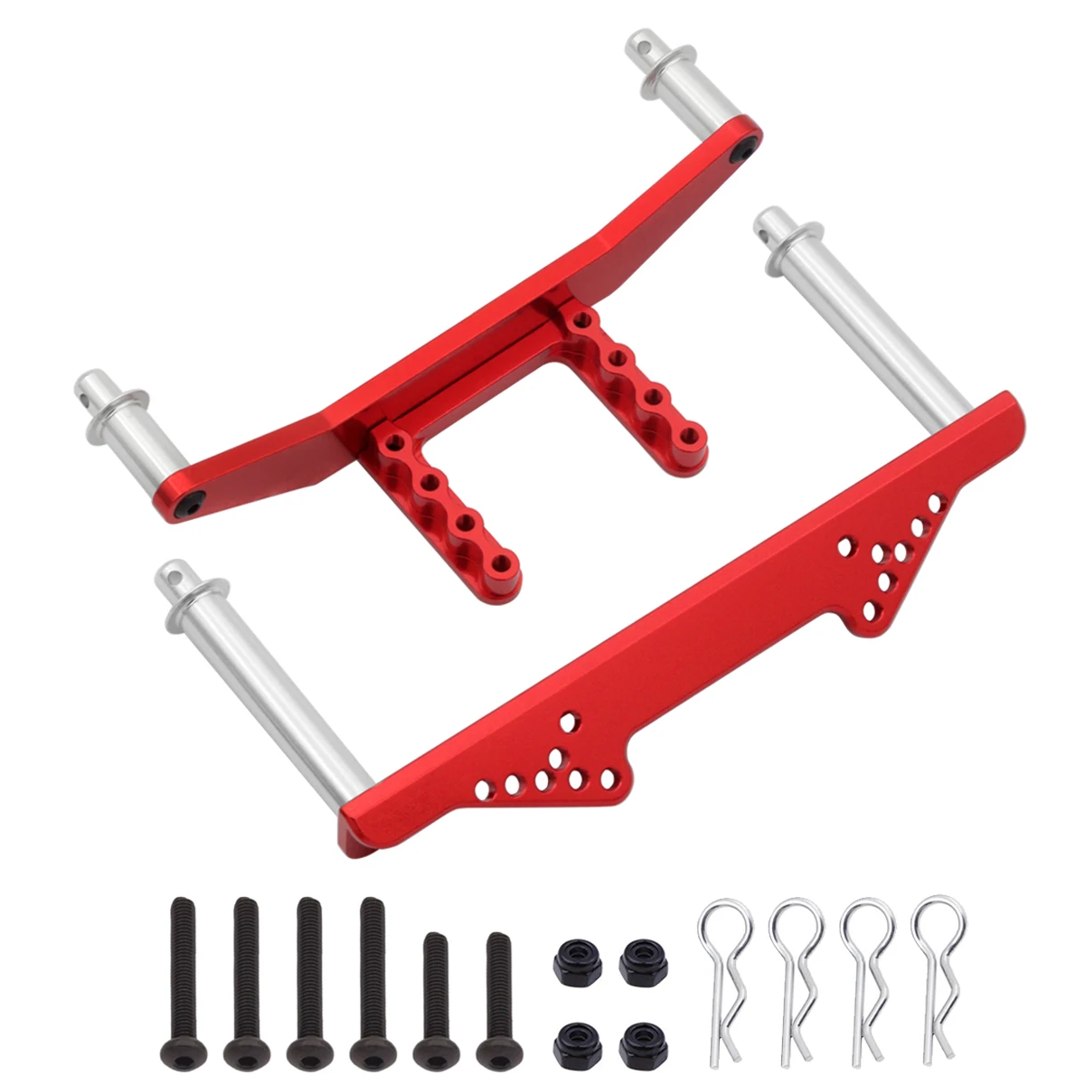 Supports de carrosserie avant et arrière en métal installés sur un Traxxas Slash, prêts pour la course.