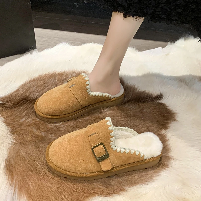 

Women's Thicken Plush Fur Slippers Winter 2023 Slip on Chunky Platform Loafers Mules Woman Fashion Casual Home Cotton Slippers